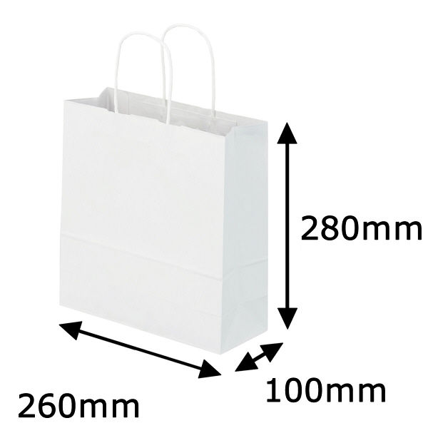 丸紐クラフト紙手提袋薄型エコノミー260×280×100 白 1箱（300枚：50枚×6袋）