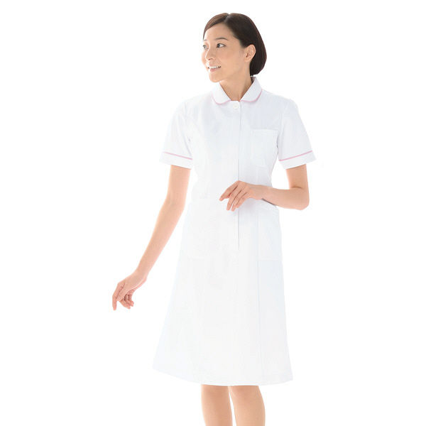 KAZEN ワンピース半袖 （ナースワンピース） 医療白衣 ホワイト×ピンク LL 012-13（直送品）
