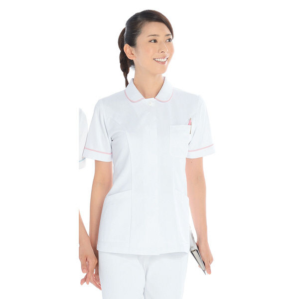 KAZEN レディスジャケット半袖 （ナースジャケット） 医療白衣 ホワイト×ピンク 4L 017-13（直送品）