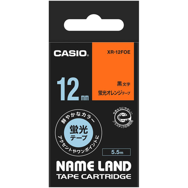 カシオ CASIO ネームランド テープ 蛍光色タイプ 幅12mm 蛍光オレンジラベル 黒文字 5.5m巻 XR-12FOE