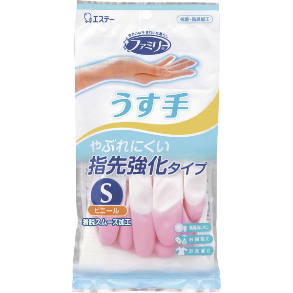 ファミリー　ビニール手袋　うす手　指先強化　炊事・掃除用　S　ピンク　1双　エステー