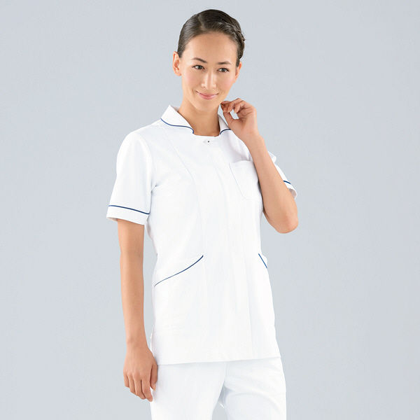 KAZEN レディスジャケット半袖 （ナースジャケット） 医療白衣 ホワイト×ネイビー L 100-28（直送品）