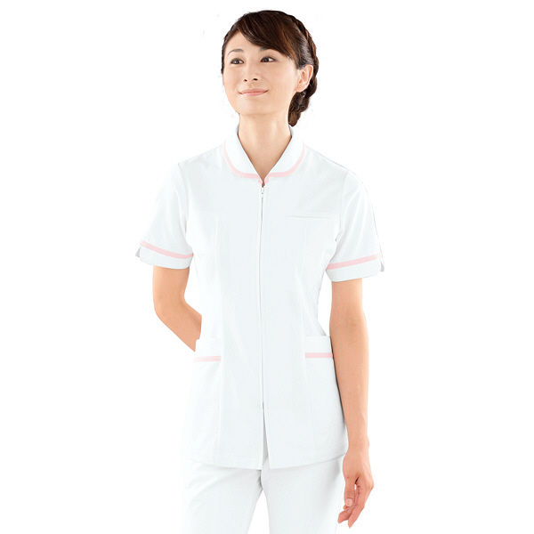 KAZEN レディスジャケット半袖 （ナースジャケット） 医療白衣 ホワイト×ピンク 4L 101-23（直送品）