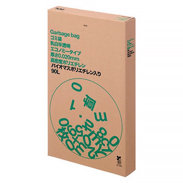 アスクル ゴミ袋 乳白半透明 エコノミー 高密度 箱タイプ 90L 0.020mm 1箱（100枚入）バイオマス10%  オリジナル