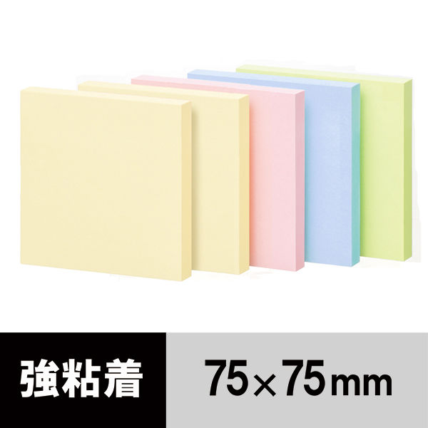 【強粘着】アスクル　強粘着ふせん　75×75mm　パステルカラー　5冊