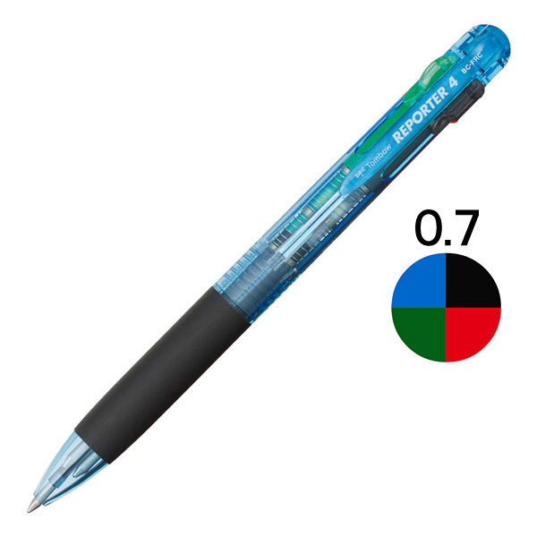 トンボ鉛筆【Reporter】多色ボールペン　リポーター　4色（黒/赤/青/緑）　油性　0.7mm　透明ブルー　BC-FRC40　10本