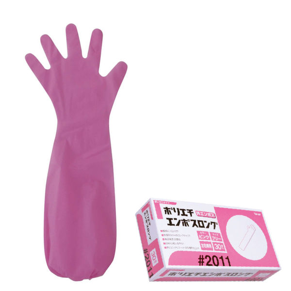 【ポリエチレン手袋】 川西工業 GloveMania ポリエチレンエンボスロング ピンク フリー 1箱（30枚入）