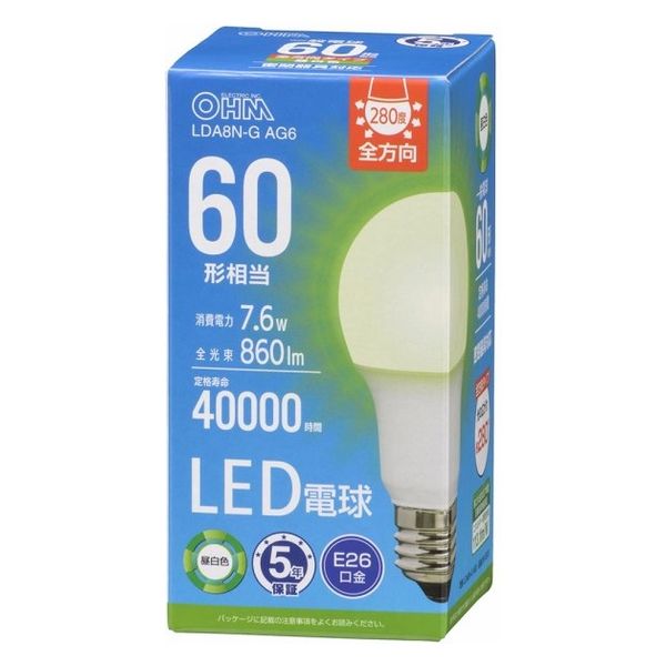 オーム電機 LED電球 E26 60形相当 昼白色 06-5515 1個（直送品）