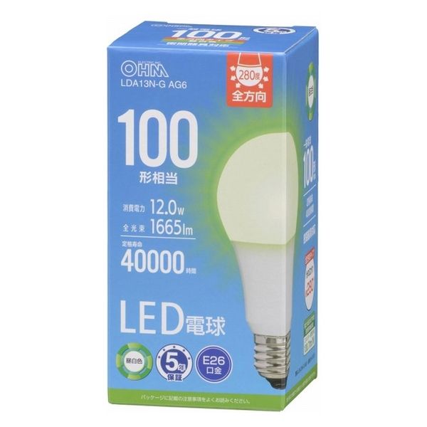 オーム電機 LED電球 E26 100形相当 昼白色 06-5516 1個（直送品）
