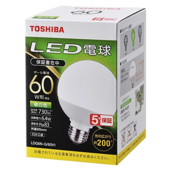東芝 LED電球 ボール電球形 E26 60形 昼白色 LDG6N-G/60V1 16-0679 1個（直送品）