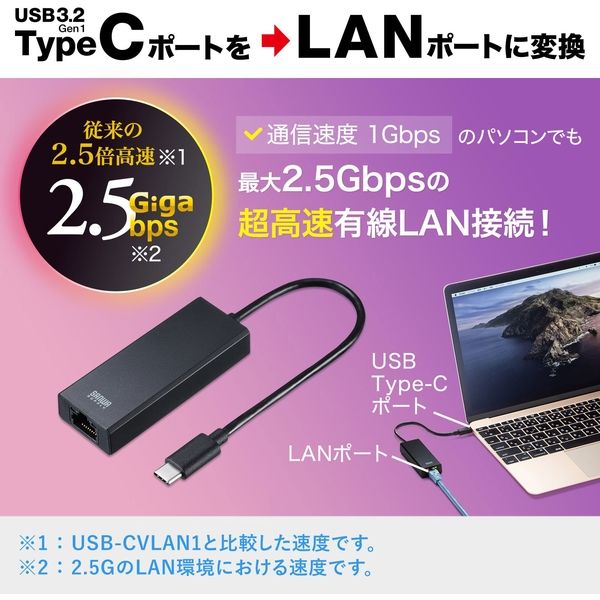 サンワサプライ USB3.2 Type-C-LAN変換アダプタ(2.5Gbps対応) USB-CVLAN6BK 1個（直送品）