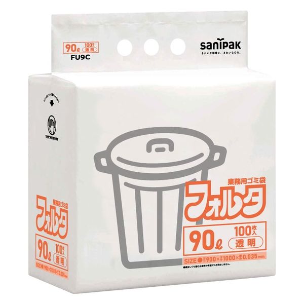 日本サニパック 環優包装フォルタ 薄口 透明 90L 100枚 0.035mm FU9C 1箱（300枚：100枚入×3パック）（取寄品）