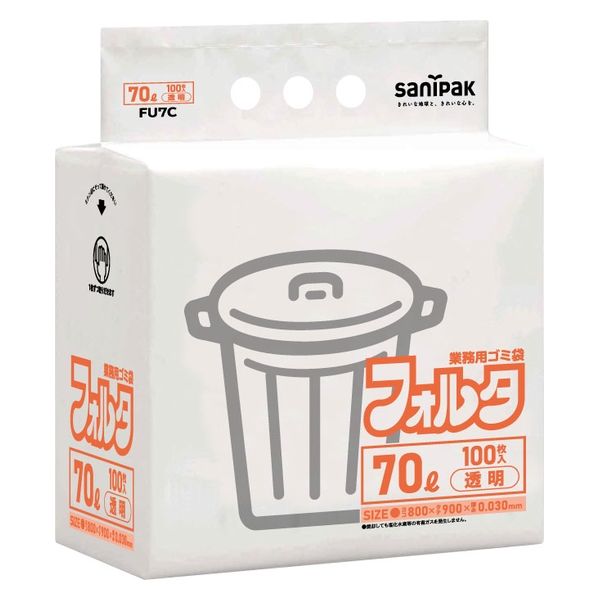 日本サニパック 環優包装フォルタ 薄口 透明 70L 100枚 0.030mm FU7C 1箱（400枚：100枚入×4パック）（取寄品）