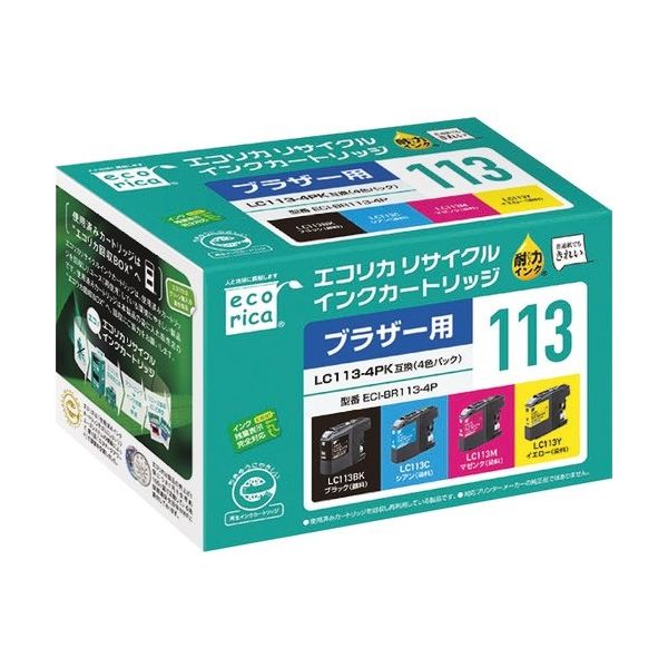エレコム エコリカ リサイクルインクカートリッジ ブラック(顔料)、シアン・マゼンタ・イエロー(染料) ECI-BR113-4P 1個(直送品)