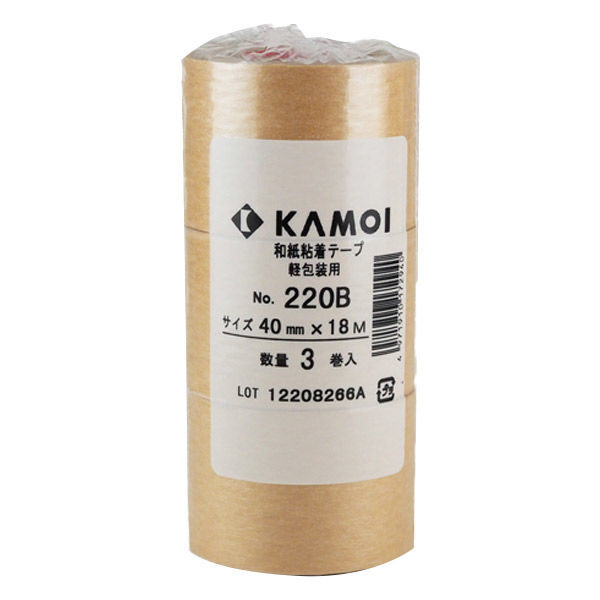 カモ井加工紙 和紙粘着テープ 軽包装用 茶 幅40mm×長さ18m 220B 1パック（3巻入）
