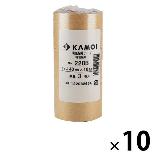カモ井加工紙 和紙粘着テープ 軽包装用 茶 幅40mm×長さ18m 220B 1セット（30巻：3巻入×10）
