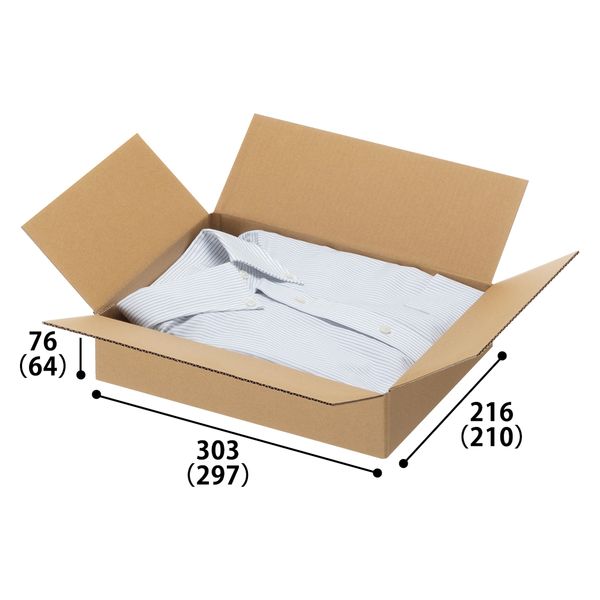 【60サイズ】「現場のチカラ」軽梱包用ダンボール シャツ・薄物衣類向けサイズ 外寸：303×216×76mm 1梱包（20枚入）  オリジナル