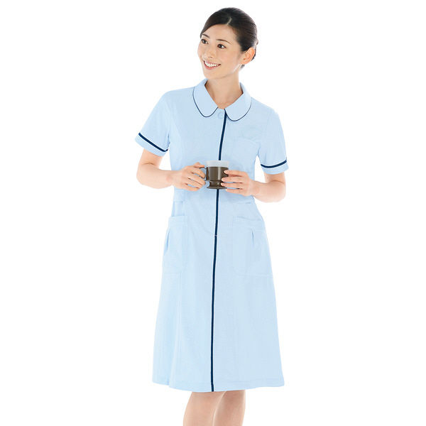 KAZEN ワンピース半袖 （ナースワンピース） 医療白衣 サックスブルー（水色）×ネイビー S 022-21（直送品）