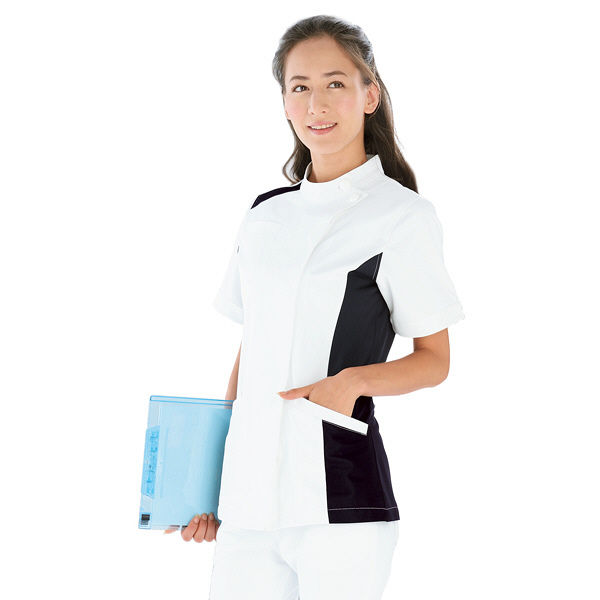 KAZEN レディスジャケット半袖 （ナースジャケット） 医療白衣 ホワイト×ネイビー S 084-28（直送品）