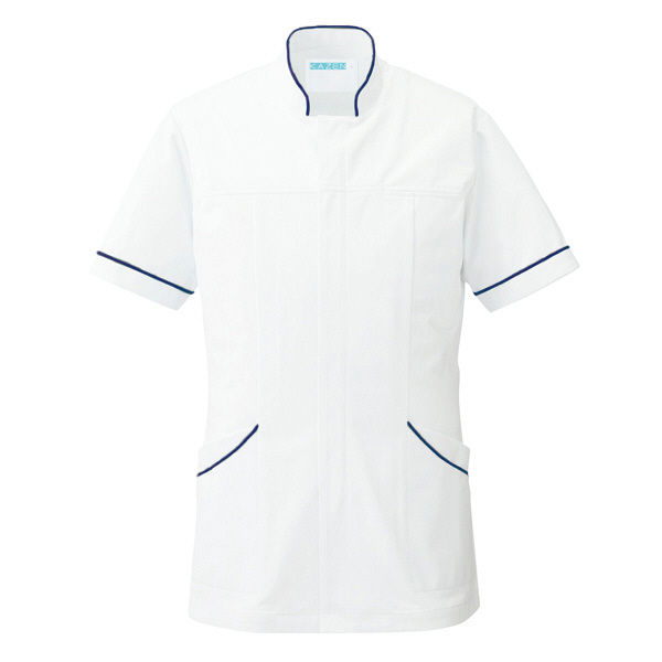 KAZEN メンズジャケット半袖 （医務衣） 医療白衣 ホワイト×ネイビー M 093-28（直送品）