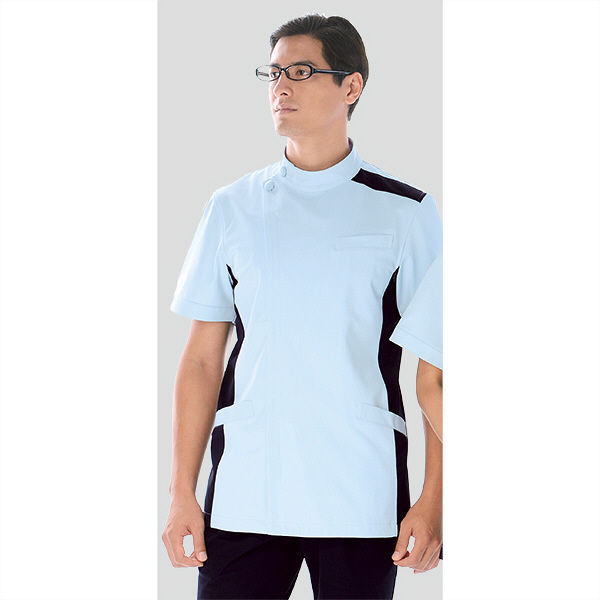 KAZEN メンズジャケット半袖 （医務衣） 医療白衣 サックスブルー（水色）×ネイビー M 094-21（直送品）