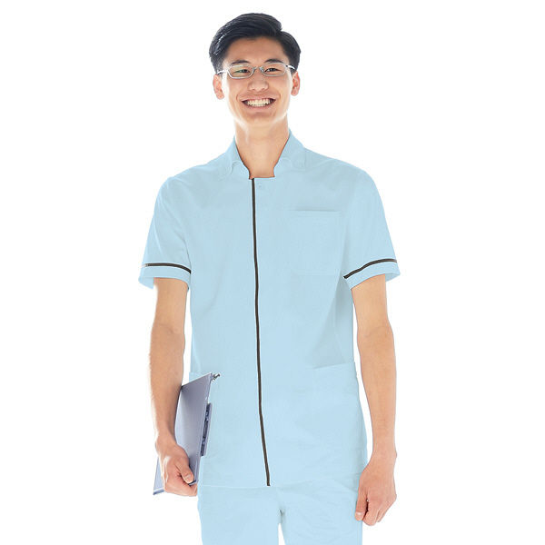KAZEN メンズジャケット半袖 （医務衣） 医療白衣 サックスブルー（水色）×ネイビー L 095-21（直送品）
