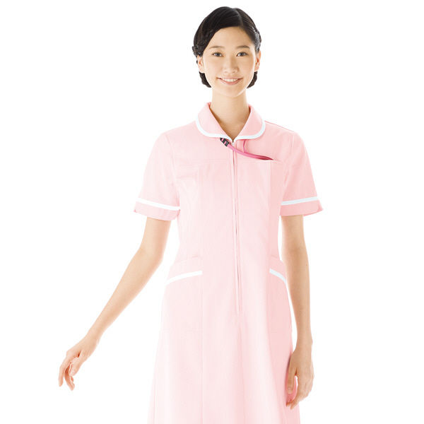KAZEN ワンピース半袖 （ナースワンピース） 医療白衣 ピンク×ホワイト M 021-24（直送品）