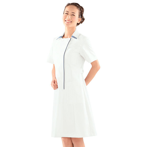 KAZEN ワンピース半袖 （ナースワンピース） 医療白衣 ホワイト×ネイビー S 031-28（直送品）