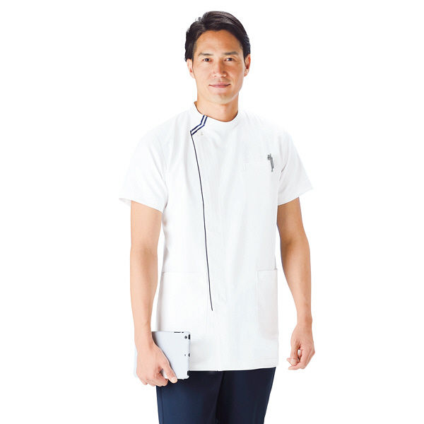 KAZEN メンズジャケット半袖 医療白衣 ホワイト×ネイビー L 052-28（直送品）
