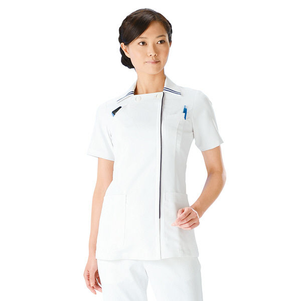 KAZEN レディスジャケット半袖 （ナースジャケット） 医療白衣 ホワイト×ネイビー L 081-28（直送品）