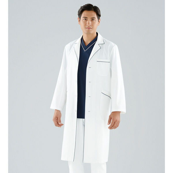 KAZEN メンズコート診療衣（ドクターコート） 医療白衣 長袖 オフホワイト×ネイビー シングル 3L 118-18（直送品）