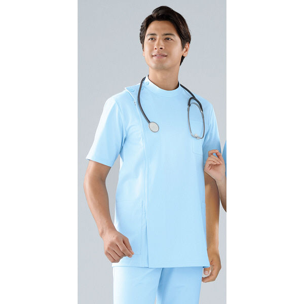 KAZEN メンズ医務衣半袖 （メンズケーシー） 医療白衣 半袖 サックスブルー（水色） LL 253-11（直送品）