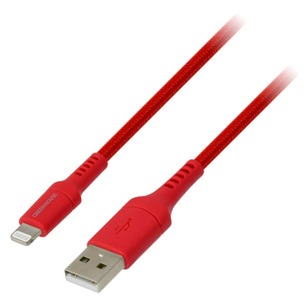 USBケーブル Lightning[オス] - USB（A）[オス] 2m 強靭 高耐久 レッド グリーンハウス 1本