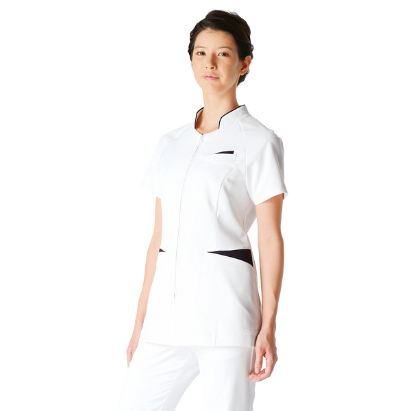 KAZEN レディスジャケット半袖 医療白衣 ホワイトXネイビー L 054-28（直送品）