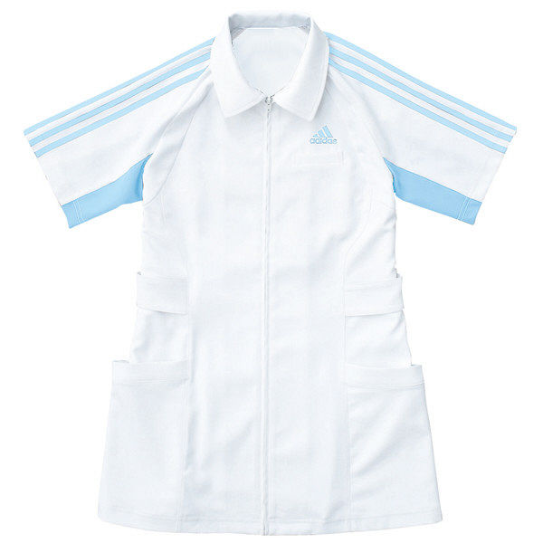 KAZEN adidas（アディダス）レディスジャケット 医療白衣 半袖 ホワイト+サックス S SMS003（直送品）