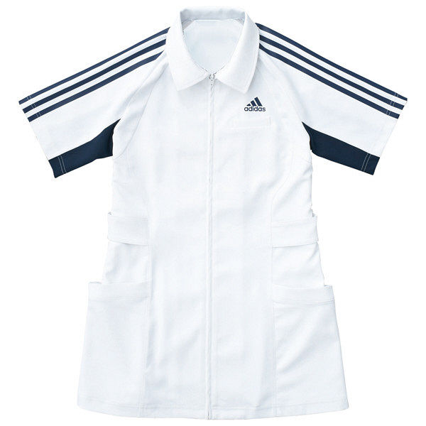 KAZEN adidas（アディダス）レディスジャケット 医療白衣 半袖 ホワイト+ネイビー S SMS003 　（直送品）