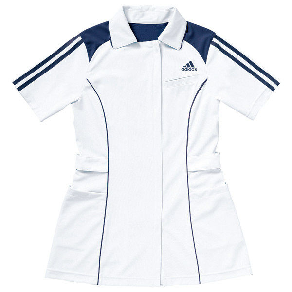 KAZEN adidas（アディダス）レディスジャケット 医療白衣 半袖 ホワイト+ネイビー 2XOT SMS002（直送品）