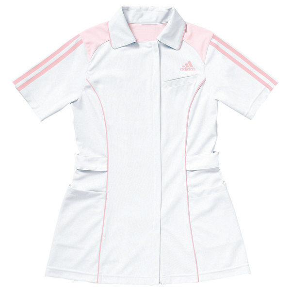 KAZEN adidas（アディダス）レディスジャケット 医療白衣 半袖 ホワイト+ピンク OT SMS002（直送品）