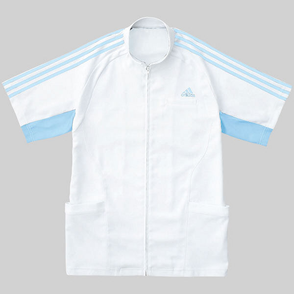 KAZEN adidas（アディダス）メンズジャケット 医療白衣 半袖 ホワイト+サックス S SMS603-11（直送品）