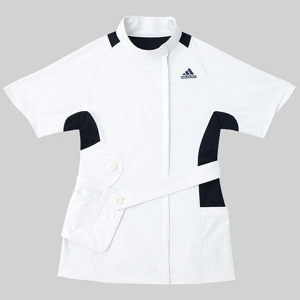 KAZEN adidas（アディダス）レディスジャケット 医療白衣 半袖 ホワイト+ネイビー M SMS007-18（直送品）