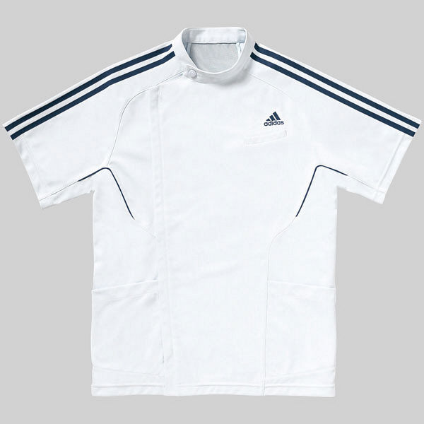 KAZEN adidas（アディダス）メンズジャケット 医療白衣 半袖 ホワイト+ネイビー XO SMS601-18（直送品）