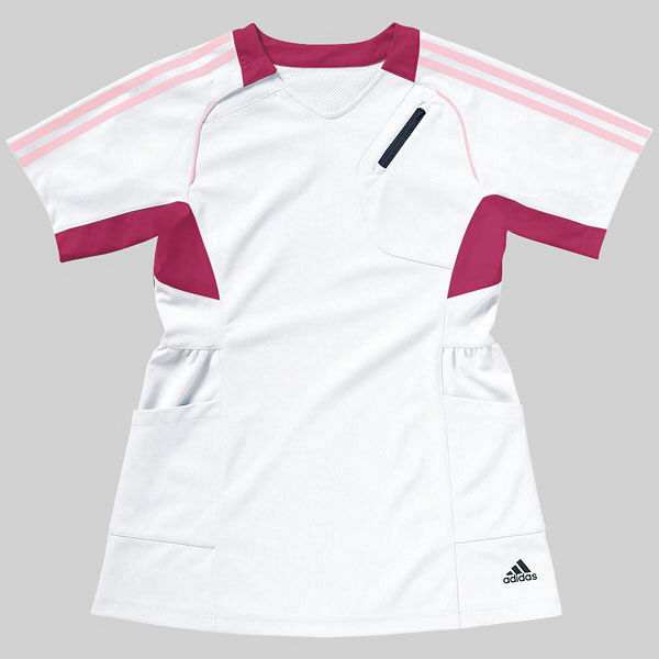 KAZEN adidas（アディダス）レディスチュニック丈スクラブ 医療白衣 半袖 ホワイト+ピンク OT SMS001-14（直送品）