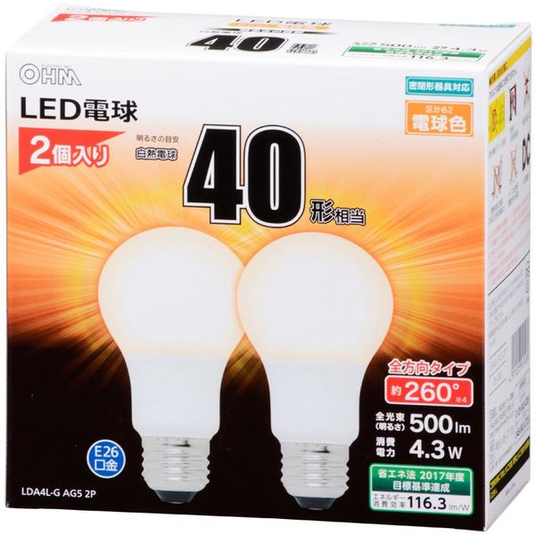 オーム電機LED電球 一般電球形 E26 40W形相当 電球色 全方向 密閉器具対応 500lm 全長106mm 2個入 LDA4L-G AG5 2P（直送品）
