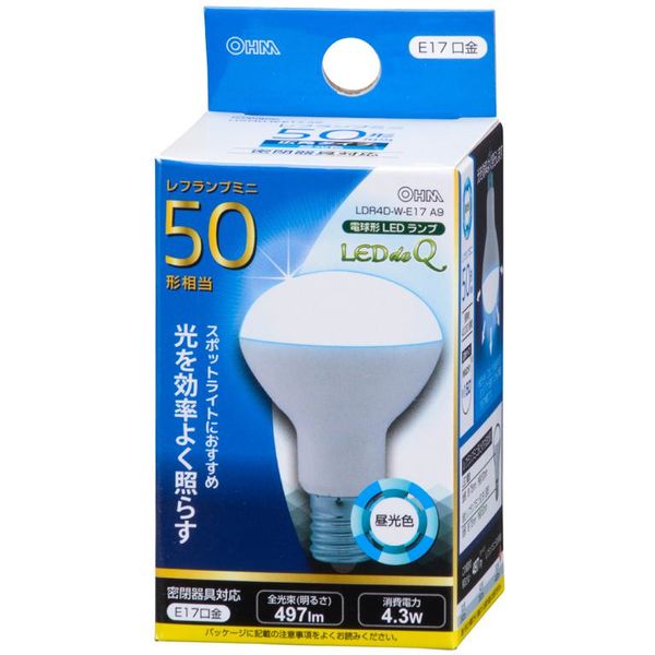 オーム電機 LED電球 レフランプ形 E17 50形相当 4W 昼光色 広角タイプ150° LDR4D-W-E17 A9 1個
