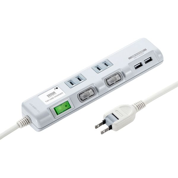 サンワサプライ USB充電ポート付き節電タップ(面ファスナー付き) TAP-B106U-2W 1個