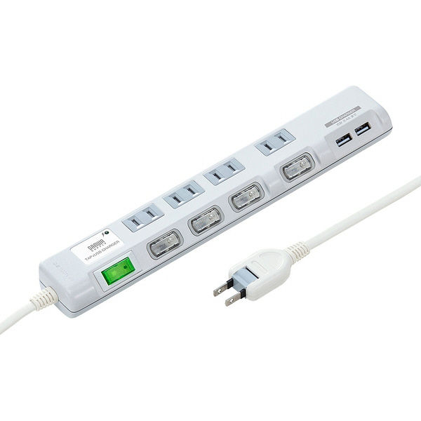 サンワサプライ USB充電ポート付き節電タップ（面ファスナー付き） TAP-B107U-1W 1個（直送品）