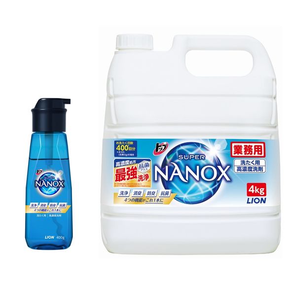 トップスーパーナノックス（NANOX）　洗濯洗剤　濃縮　液体　プッシュボトル本体400g　1個＋業務用詰め替え　4kg　1個　ライオン