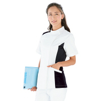 KAZEN レディスジャケット半袖 （ナースジャケット） 医療白衣 ホワイト×ネイビー M 084-28（直送品）