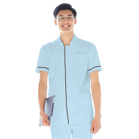 KAZEN メンズジャケット半袖 （医務衣） 医療白衣 サックスブルー（水色）×ネイビー S 095-21（直送品）
