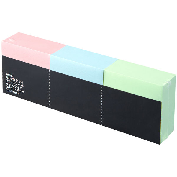 アスクル ふせん 貼ってはがせるオフィスのノート・キューブタイプ 75×75mm　カラー3色 30冊（3冊×10パック）  オリジナル